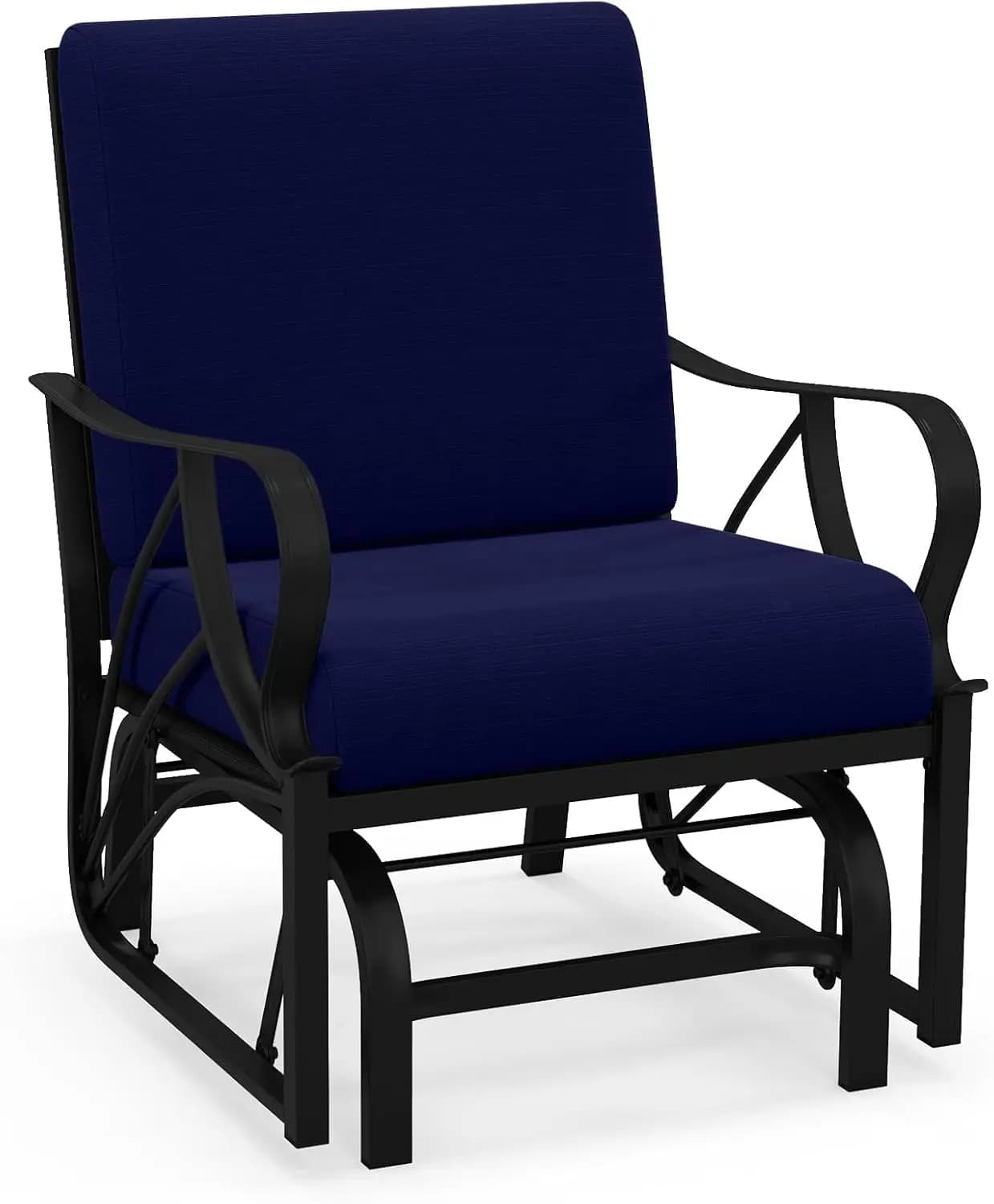 Sedia a dondolo da esterno con cuscino spesso, struttura in metallo robusta, braccioli curvi, design ergonomico per giardino o veranda
