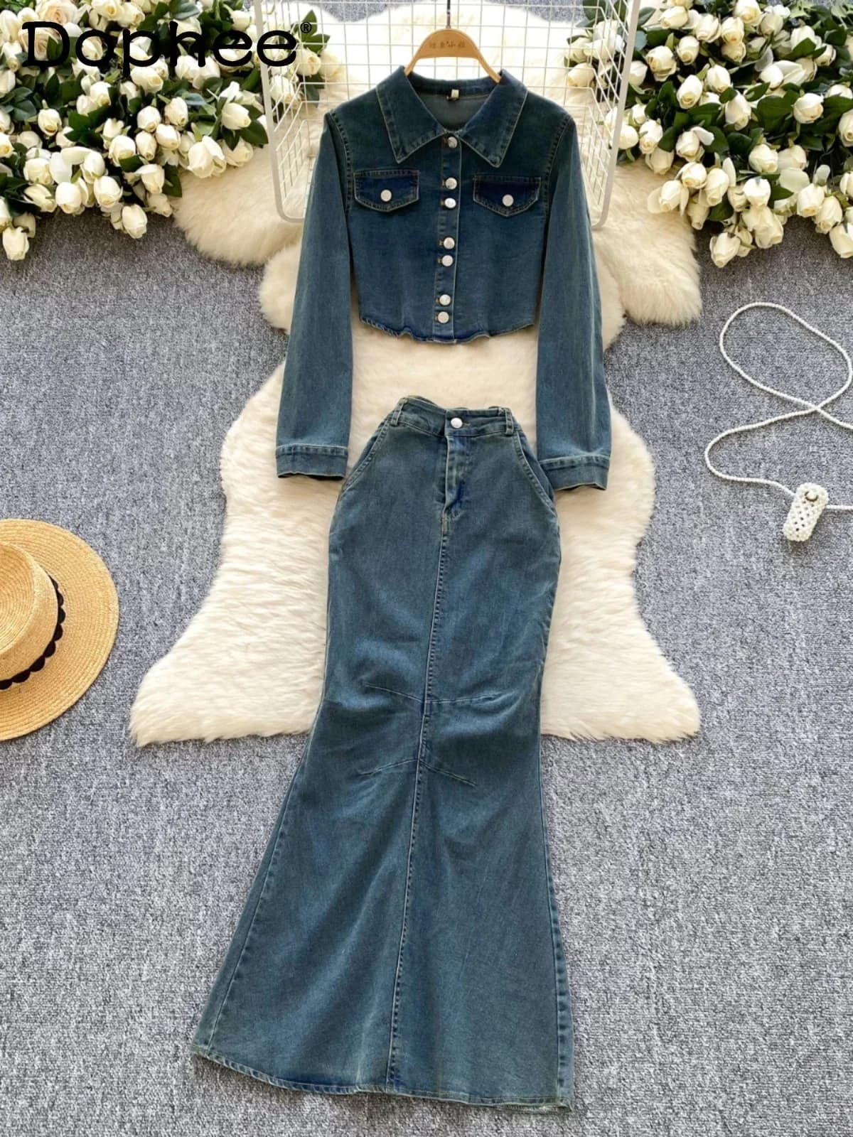 Spice Girl Abito in denim vintage 2025 Primavera Nuova camicia con colletto polo + Gonna skinny a coda di pesce a vita alta Set da 2 pezzi Abiti da donna