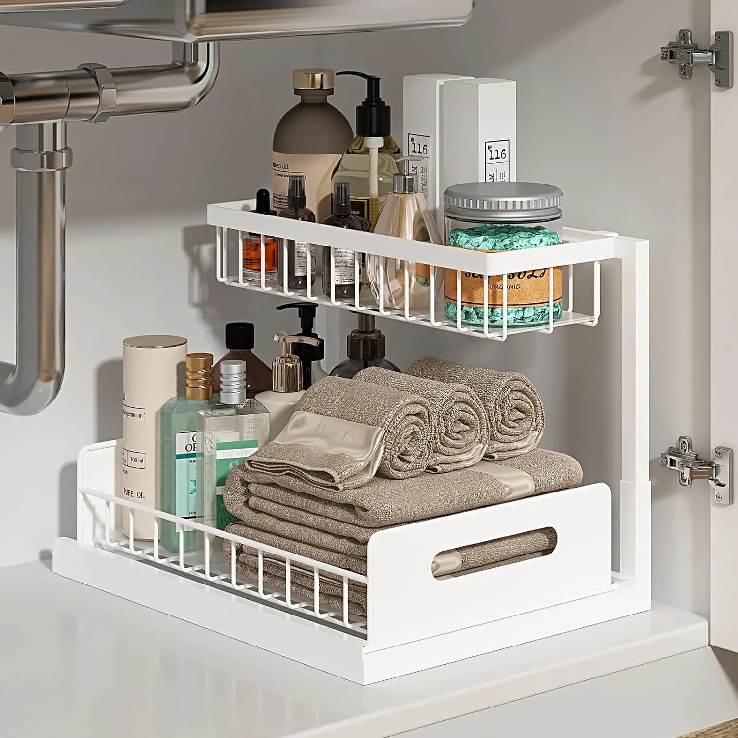 Organizzatore a 2 livelli sotto il lavello con cassetto estraibile e cestello in rete per l'organizzazione di armadietti in cucina e bagno