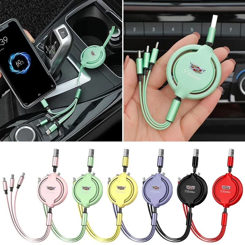 Retractable quick charging cable 3 in 1 Micro USB Type-C for Cadillac XT4 XT6 CTS DTS XTS ATS BLS SLS CT5