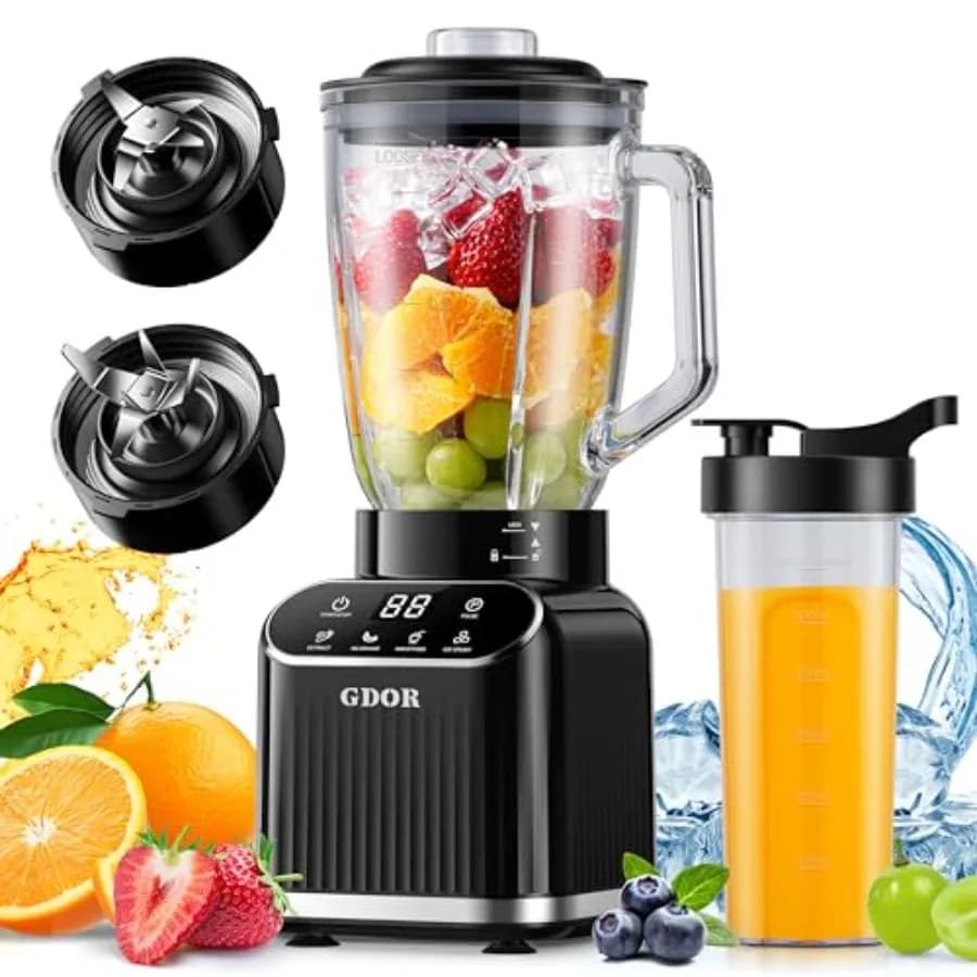 Frullatore da cucina con 1200 watt di potenza massima, corpo in vetro nero, funzioni per frullati e tritaghiaccio, caraffa da 52 oz + tazza da 24 oz per asporto, autopulente