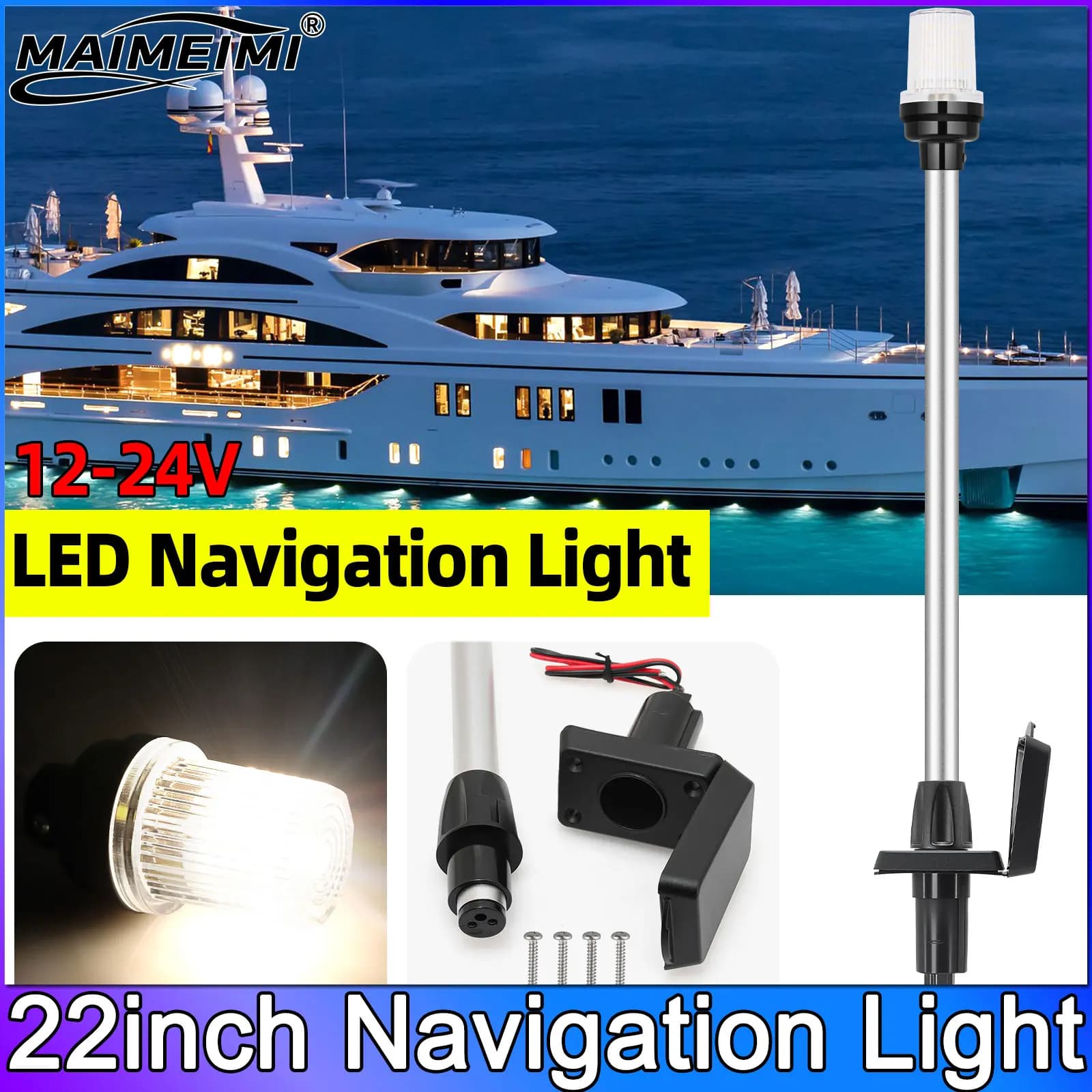 Luce di navigazione per barche Luci a LED da 22 pollici Luci di ancoraggio per pontoni per yacht marini Barche da pesca Plug in base angolata MAIMEIMI