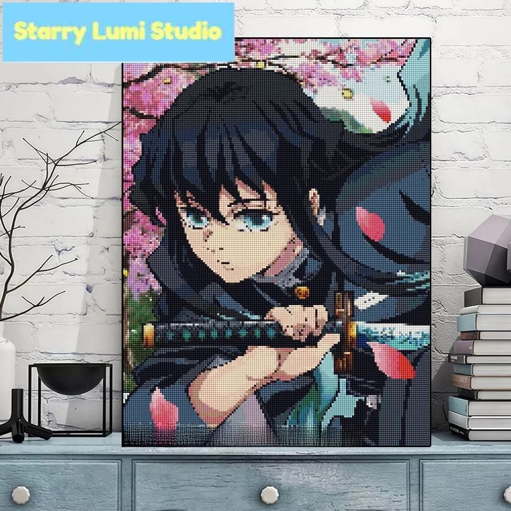Pittura Diamantata Moderna Semplice Fai da Te per Ragazzi, con Mattoncini, Punto Croce, Tema Ghost Slayer, Senza Cornice, per Cameretta Bambini, Cartone Animato Anime