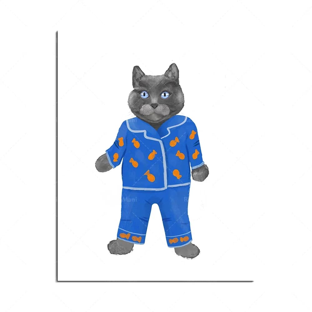 Tabby cat, bathrobe print, cat drinking juice art, pajama cat print, black cat drawing, cat illustration, funny cat poster