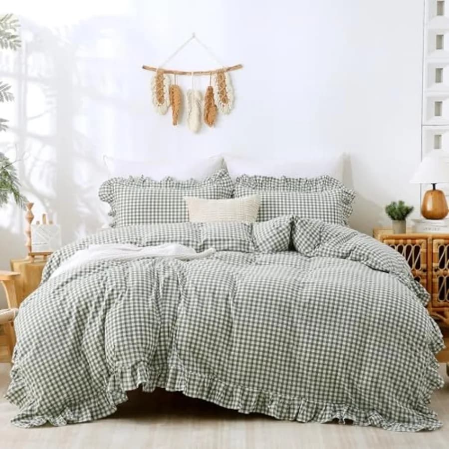 Set Copripiumino Gingham 3 Pezzi in Cotone Lavato 100% Effetto Lino Morbido Traspirante con Volant a Quadretti