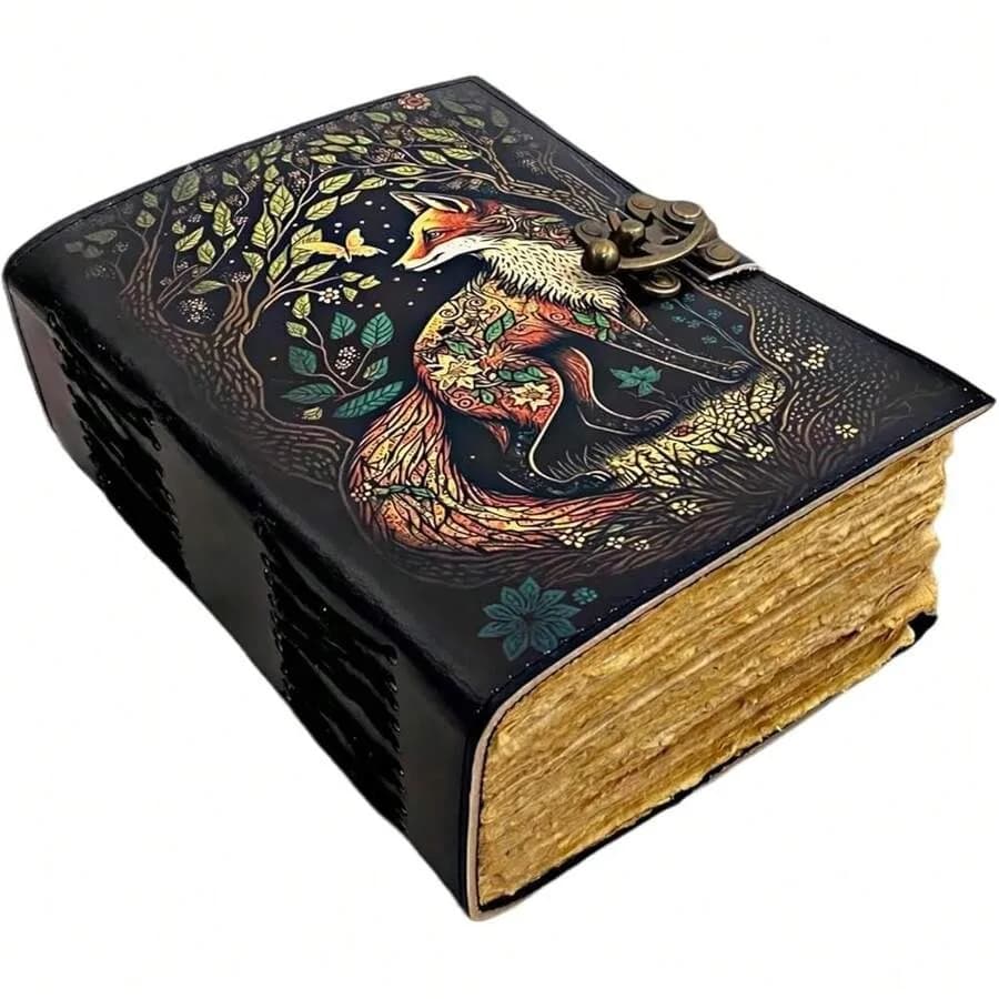SH SHIFAA HANDICRAFT Fox Leather Journal Book Of Shadows Notebook Handmade Daily Notepads For Men and Women Blank Paper 7x5 Inc