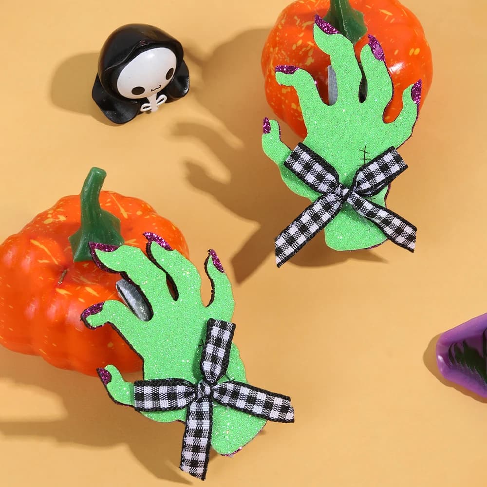 2Pcs Halloween Green Palm Hair Clips Sparkly Bow Hairpin For Girls Children Spooky Cute Party Cosplay Headdress Hair Accessories