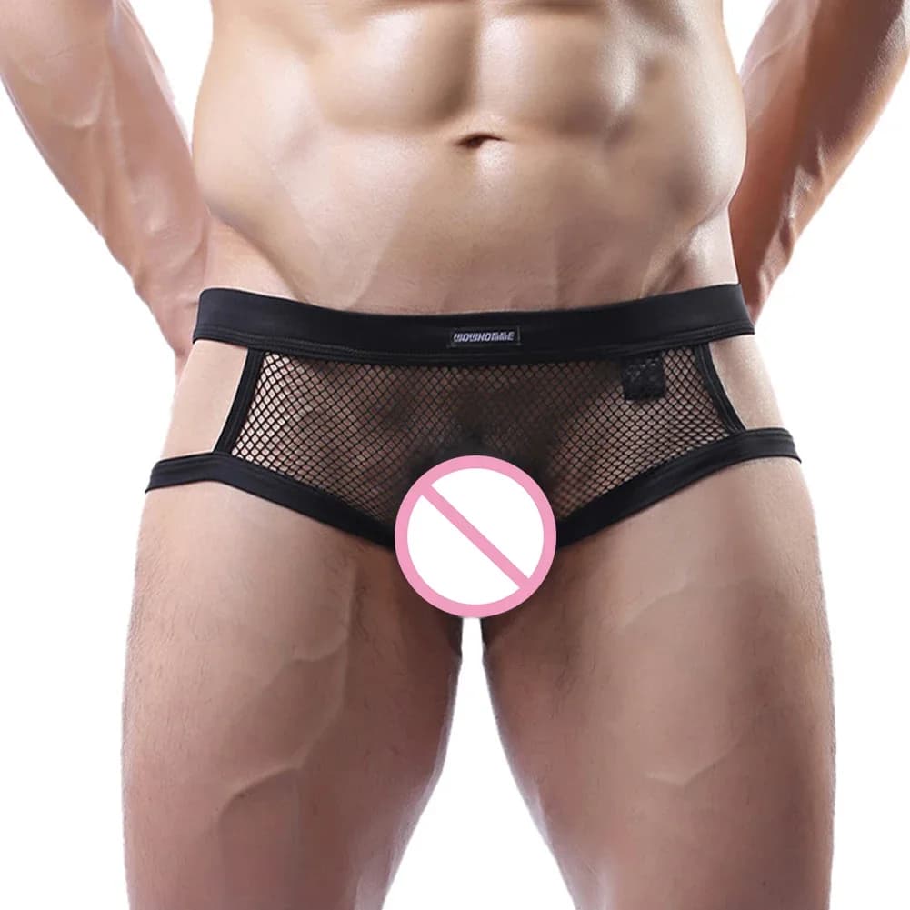 See-through Sexy Mens Briefs Mesh Shorts Gay Sissy Underwear Breathable Hollow Out Exposed Butt Erotic Jockstrap Double Thongs