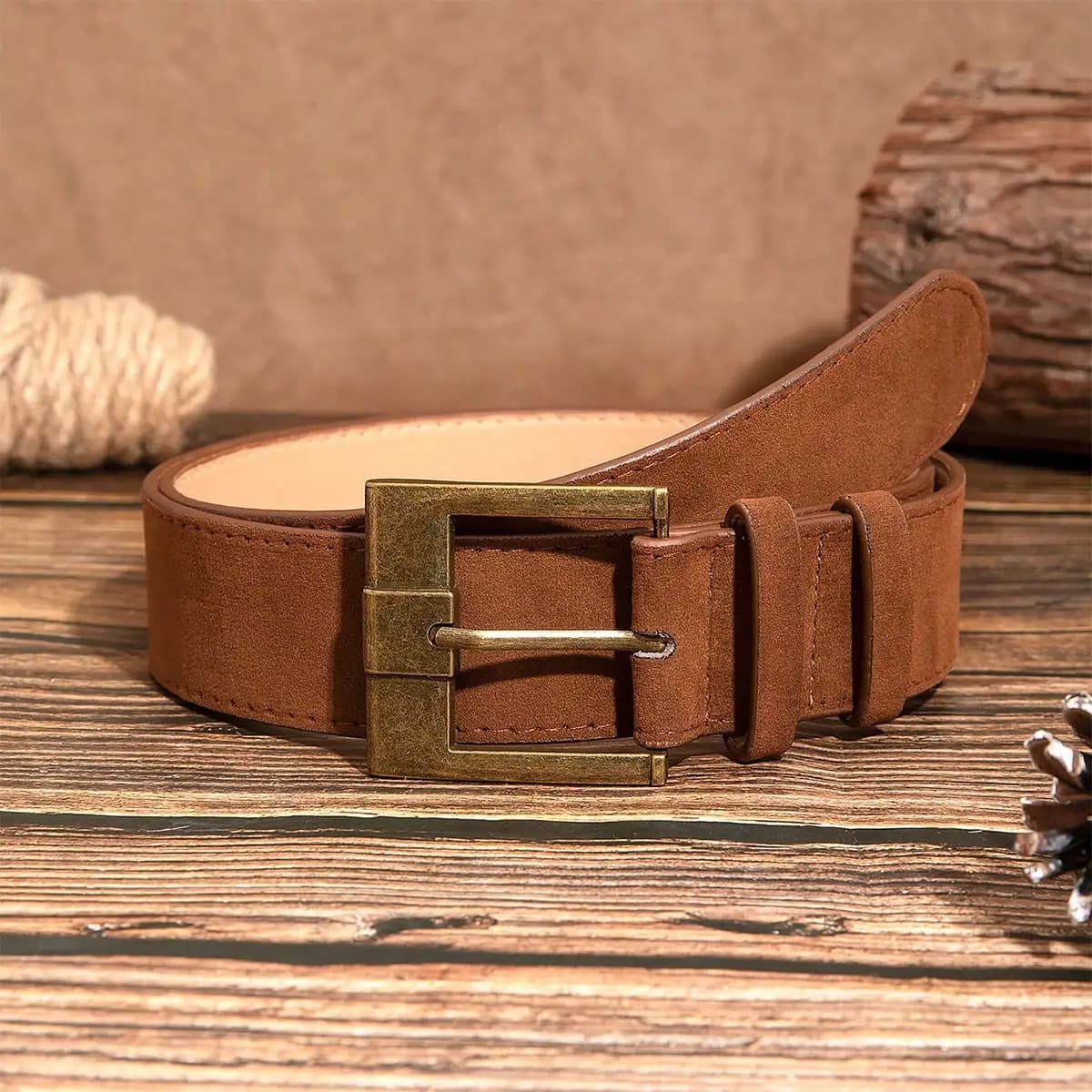 1pc women's brown vintage casual bronze metal-framed buckle velvet belt jeans, a versatile accessory belt.