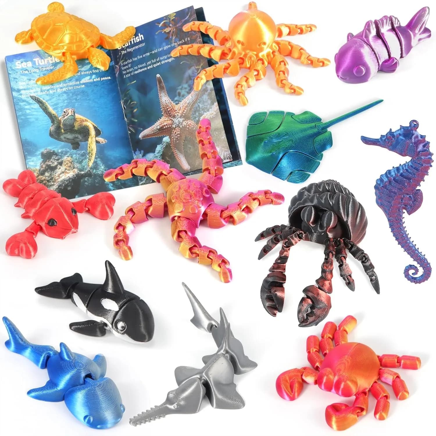 Set di 12 Giocattoli Animali Stampati in 3D, Figurine di Animali Marini con Libretto Educativo per Bambini 3-8 Anni, Giocattoli da Scrivania Antistress
