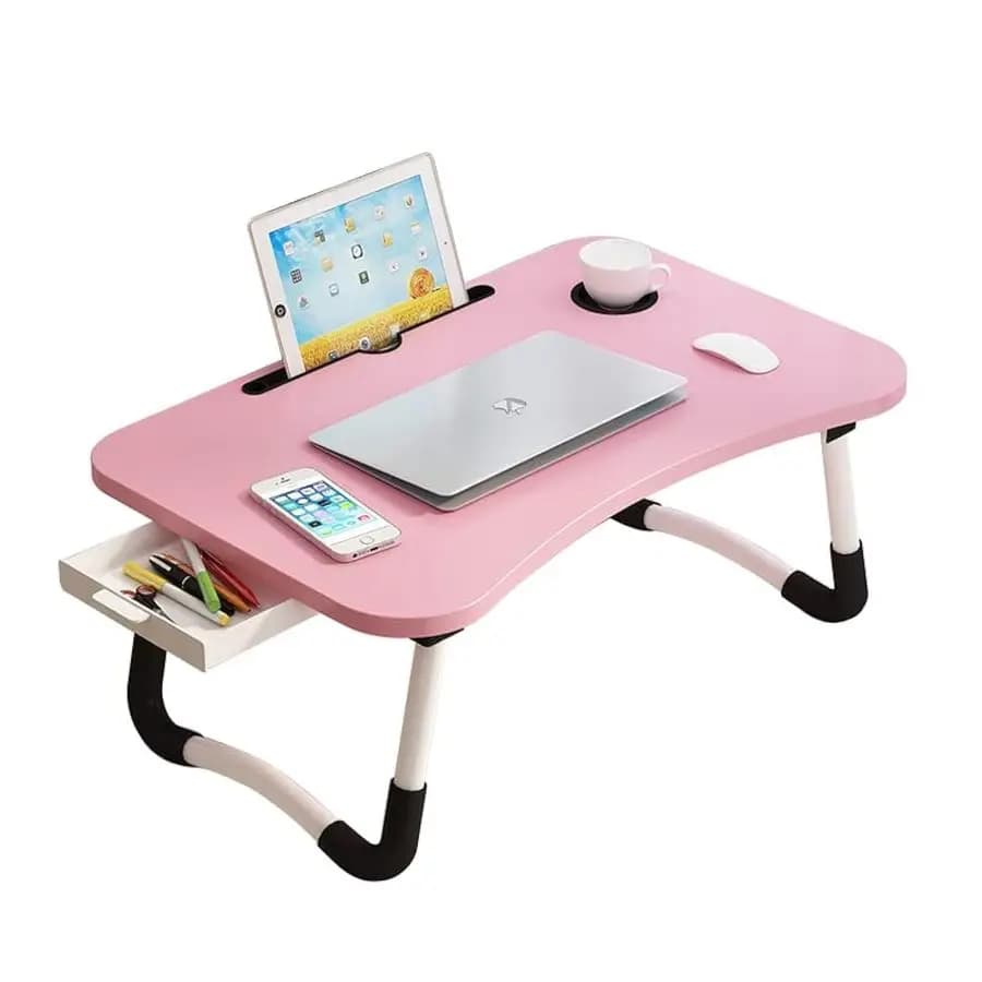 Desk with storage drawer, holders for cup and tablet, coffee table with folding legs, laptop holder, height adjustable portable table