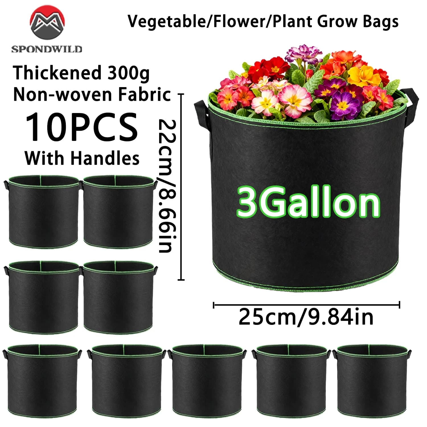 1/3/10 packs of 3 gallon cultivation bags with handles, nonwoven vases with blocked edges, containers for planting vegetables
