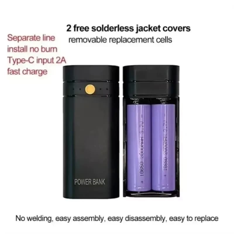 Power bank DIY Kit (without batteries) 5V 2A 6000mAh, USB Type-C charger case for 2 18650 batteries, for charging electronic devices and telephones.