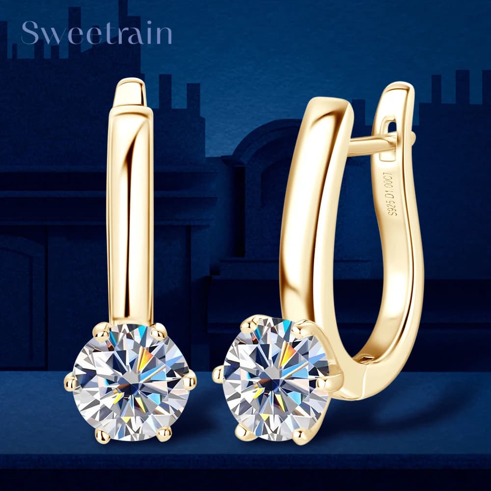 18K Gold Plated Moissanite Earrings 925 Silver Earring Original Certified 6.5mm Diamond Hoop Ear Clips for Women Jewelry Gift
