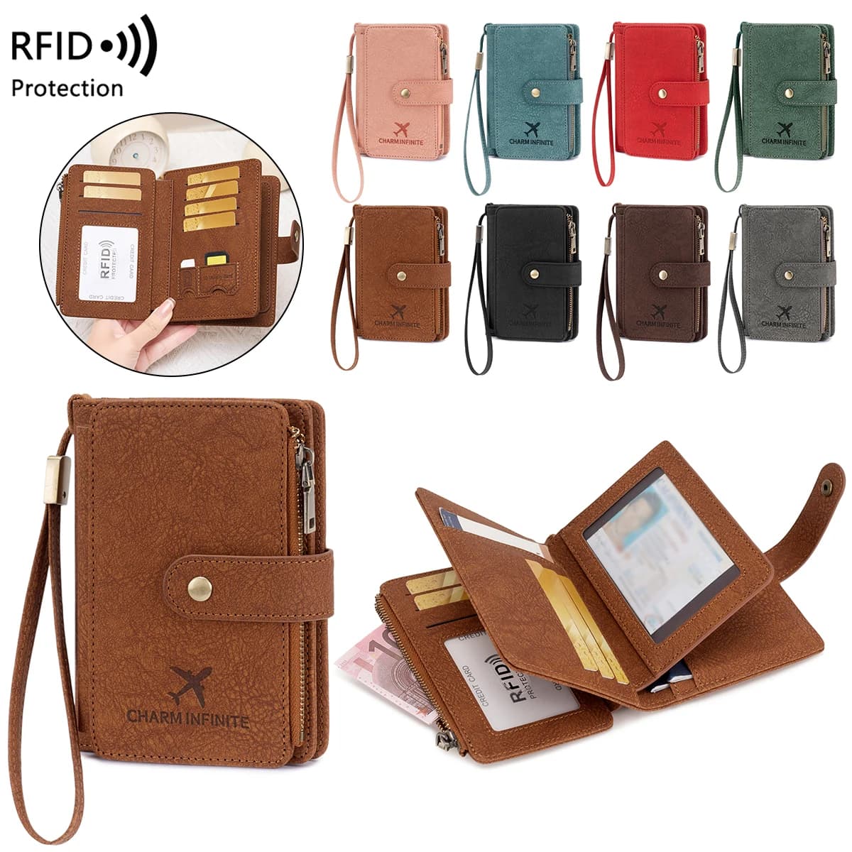 Portafoglio Multifunzionale con Blocco RFID per Passaporto, con Molteplici Scomparti e Chiusure a Cerniera, Borsa Porta Documenti da Viaggio