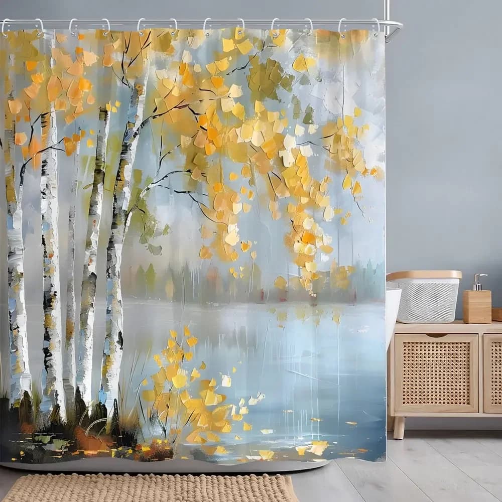 Bellissimo albero di betulla olio pennellone stampato tenda da doccia foglie autunnali dorate lago acqua tenda da doccia in tessuto arredamento per il bagno