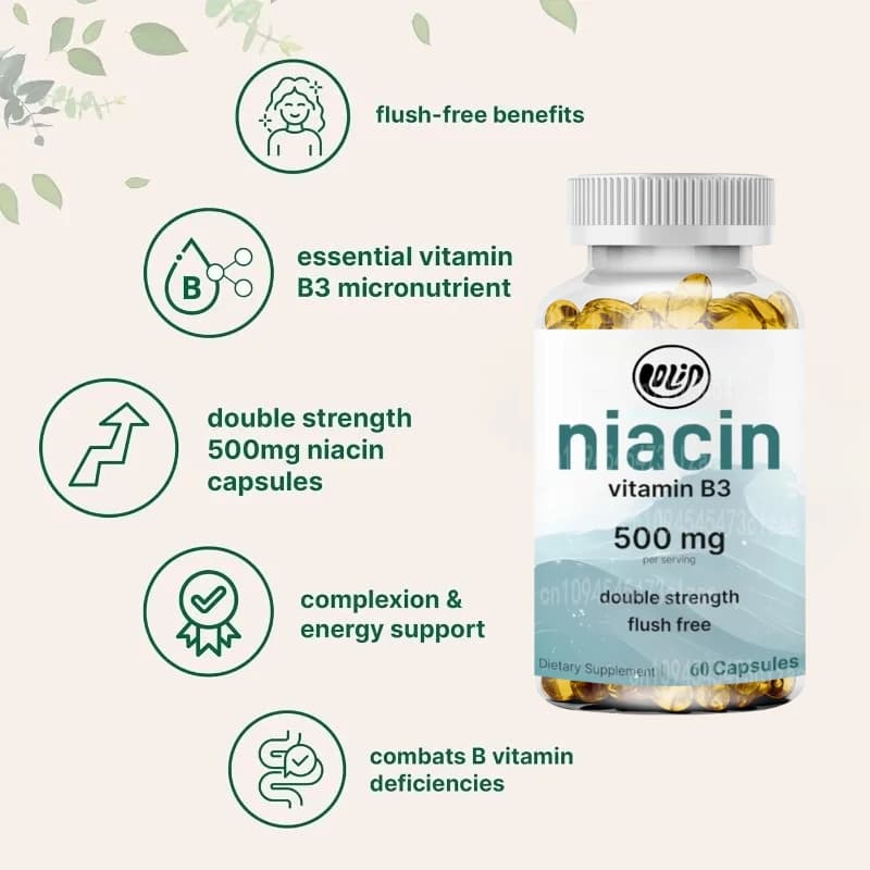 Niacin 500 mg per serving, 60 capsules - Essential vitamin B supplement for skin health and energy support