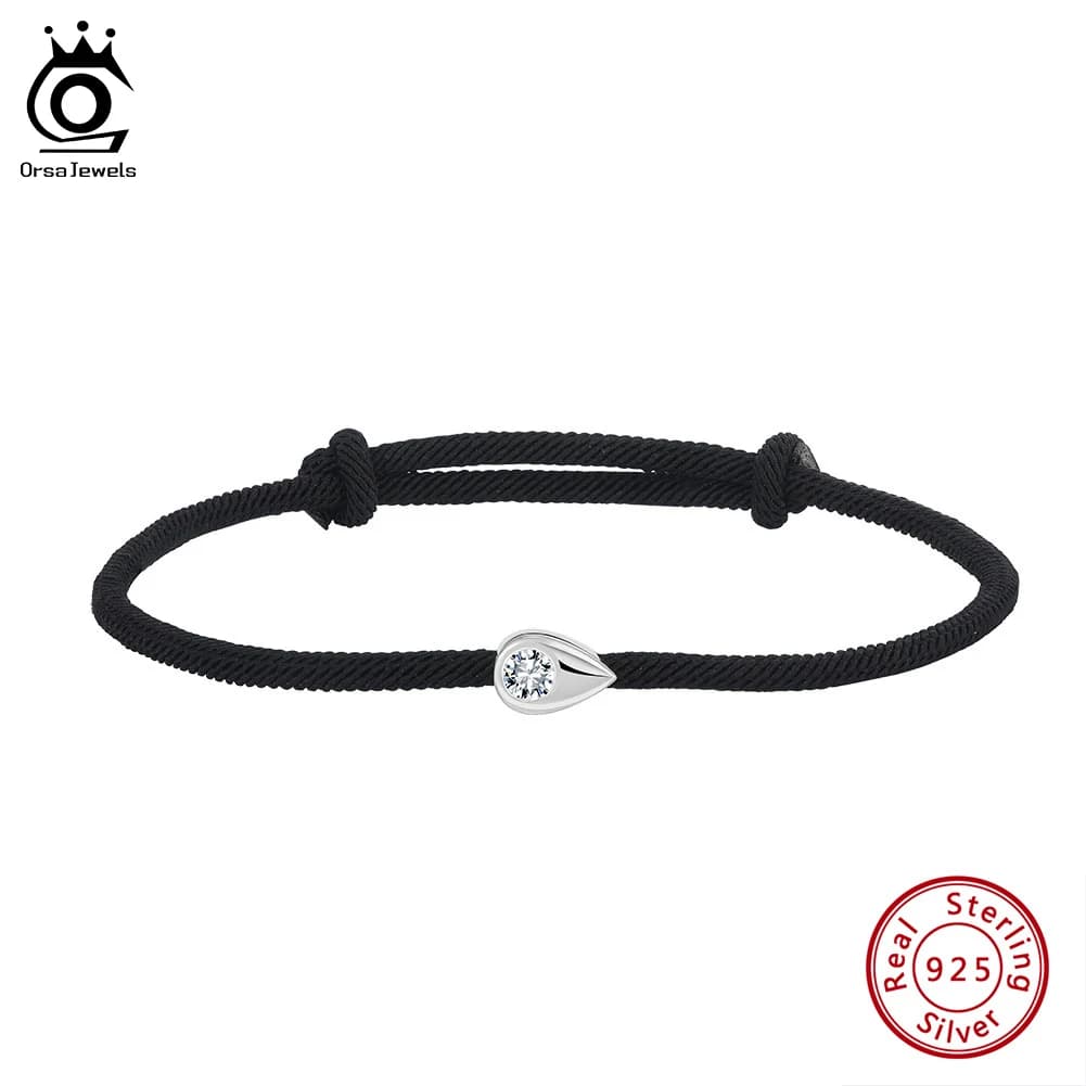 ORSA JEWELS Bracciale con ciondolo goccia d'acqua vintage Catena in corda Argento sterling 925 Zirconia Bracciale con cordino marino regolabile da 3 mm APB06