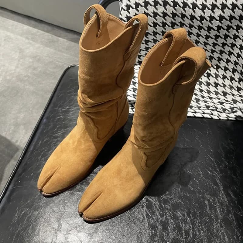 Fashion Vintage Boots Split Toes Korean Chunky Heel Western Pleated Suede Ankle Boots Designer Pleated Boots Shoes
