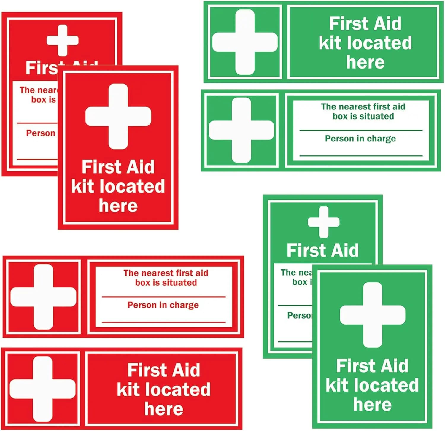 Kit di pronto soccorso da 8 pezzi Segnaletica di emergenza medica Segnaletica di salute e sicurezza Set di 4 adesivi per kit di pronto soccorso medico rosso e verde