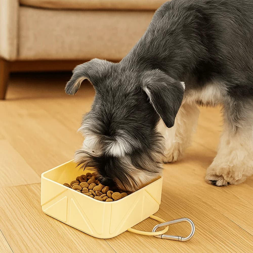 BPA Free Anti Slip Folding Pet Bowl Food Grade with Carabiner Portable Dog Feeder Square Easy To Clean Silicone Dog Dish Outdoor