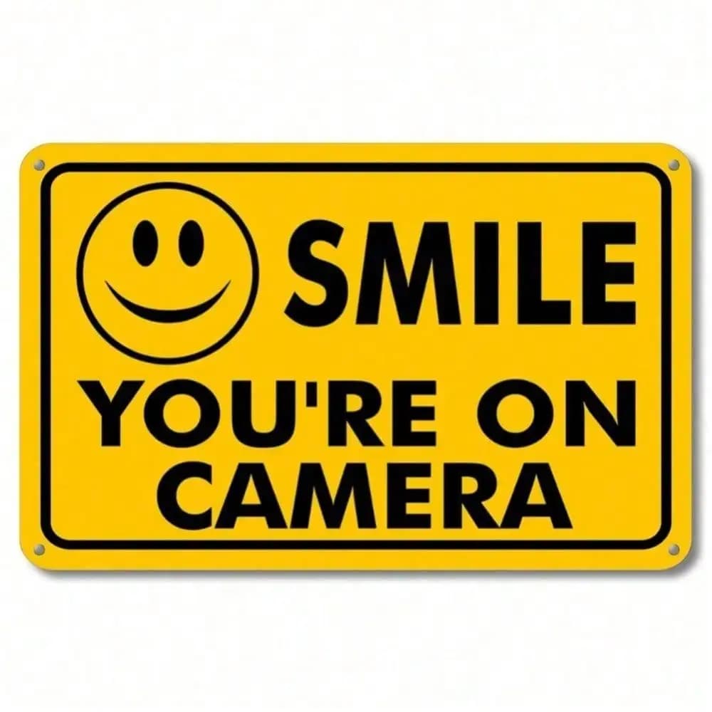 （2D Tin painting）SMILE You're on Camera Sign, CCTV Security Warning Aluminum Metal Sign for Business, Weatherproof