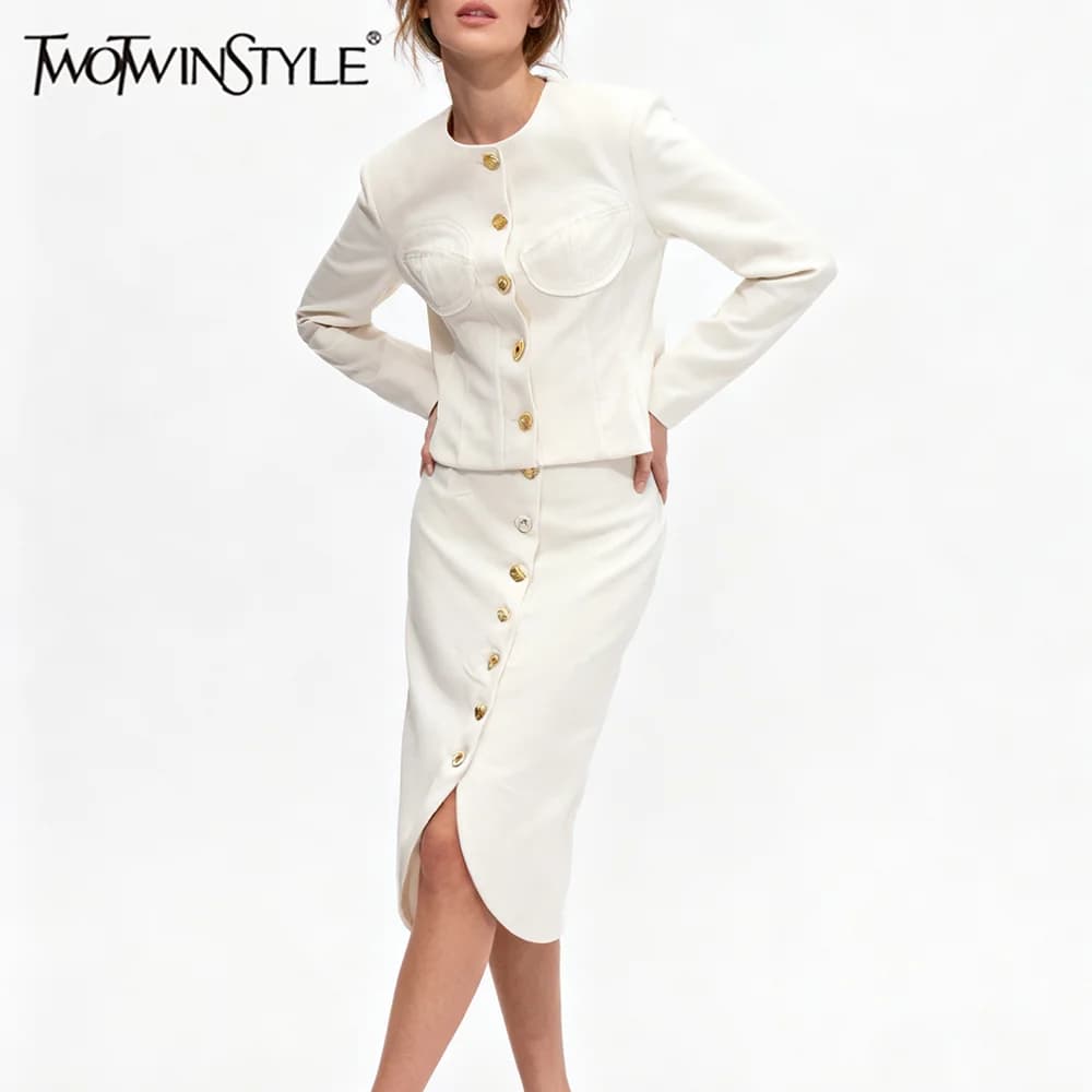TWOTWINSTYLE Set di due pezzi monopetto speziato dimagrante per donna O collo maniche lunghe Top gonna a vita alta Set femminile Nuovo