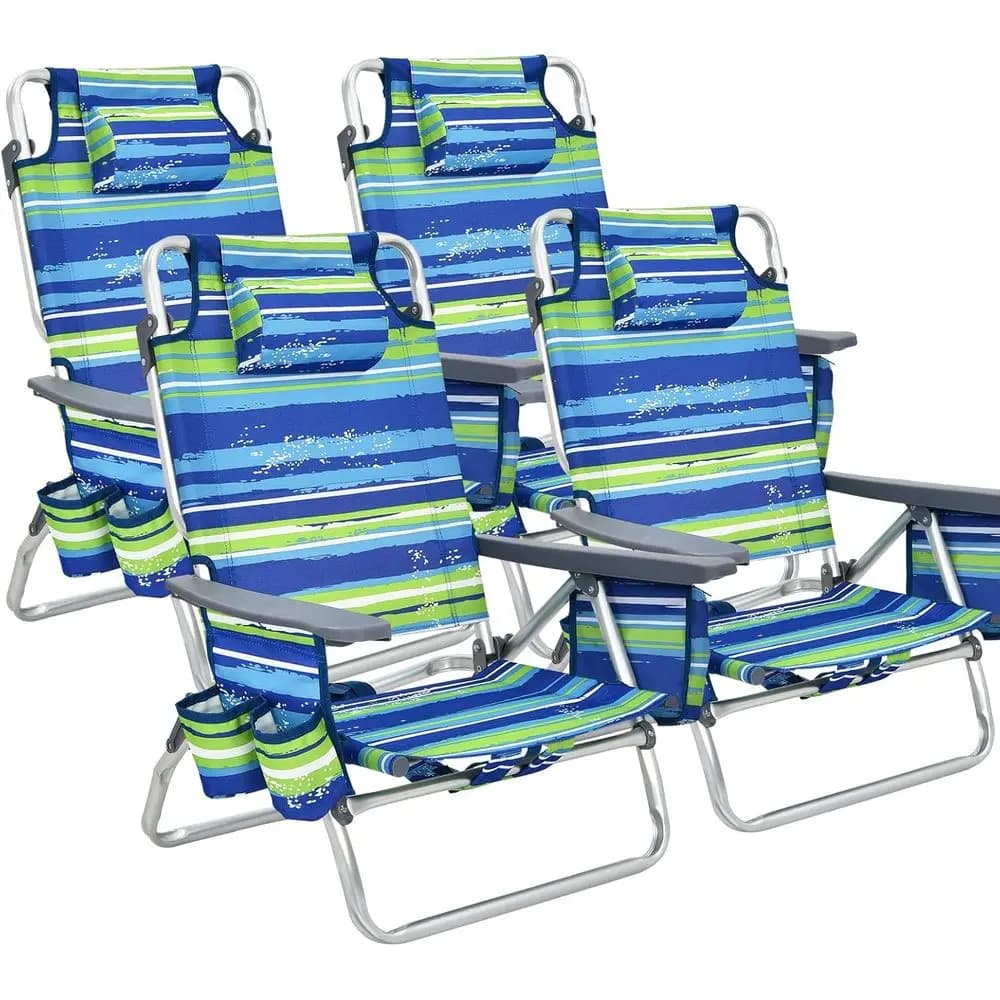 Sedie da Spiaggia Portatili con Braccioli, Borsa Termica, Portabicchieri, Porta Asciugamani, Tasche Laterali, Sdraio da Sole, Set da 4 Pezzi (Senza)