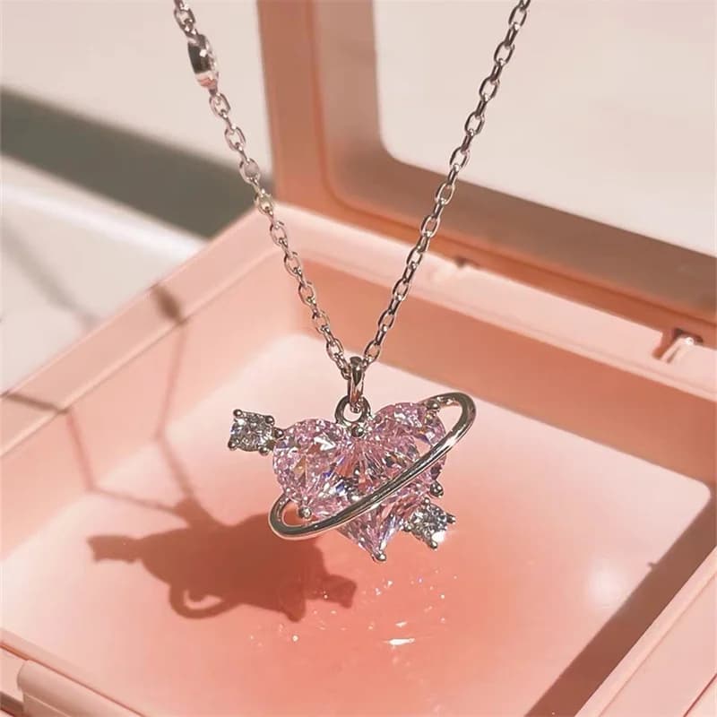 Collana con Ciondolo a Cuore in Zircone Rosa, Gioiello Estetico alla Moda per Donna, Regalo di San Valentino
