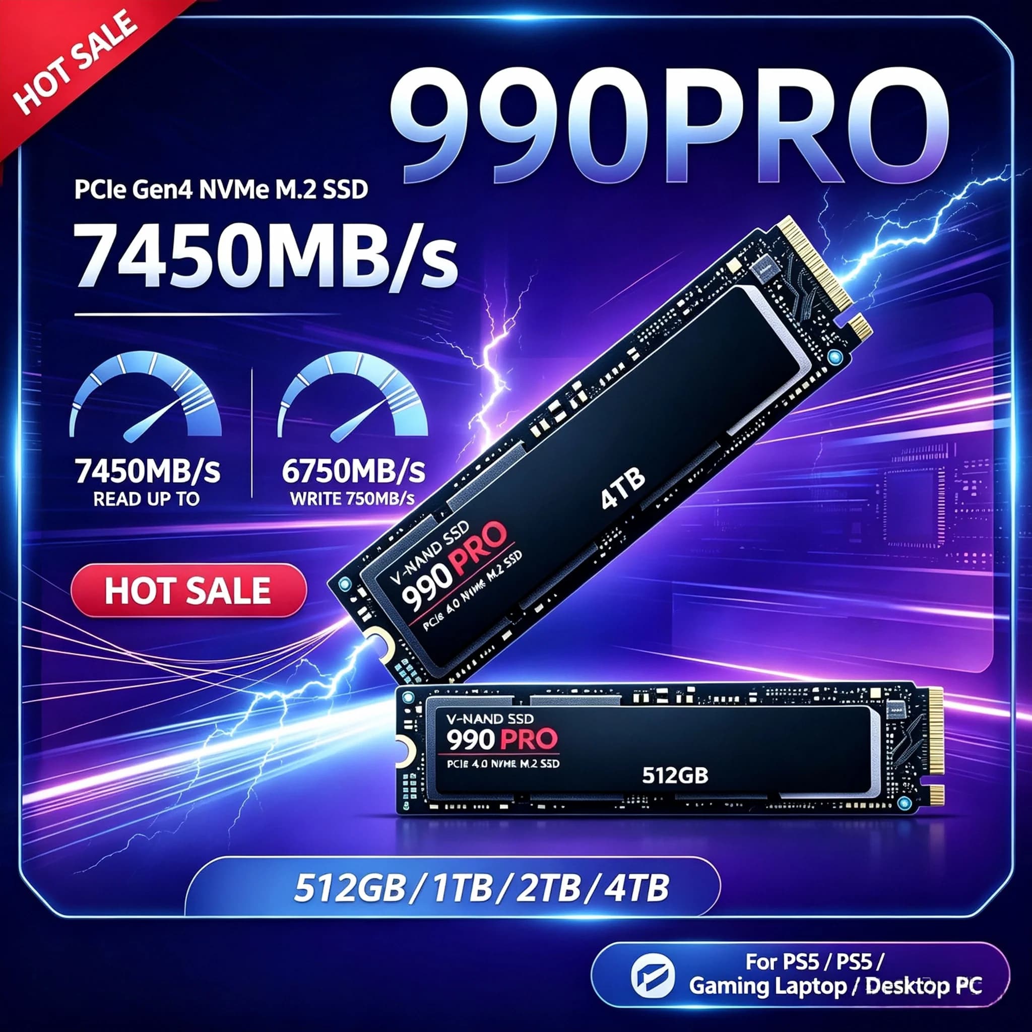 Authentic 990 PRO M.2 2280 NVMe SSD 1TB‑4TB PCIe Gen4 7450MB/s Internal Game Storage For PS5 Console Desktop Laptop Computer