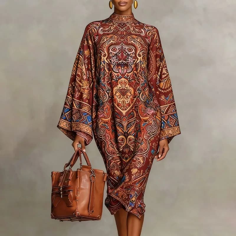 Yeezzi 2026 New Dress Midi Retro Classic Printed for Serali Festivals, Pipistrello Sleeves, Elegant Caftano for Ramadan and Church
