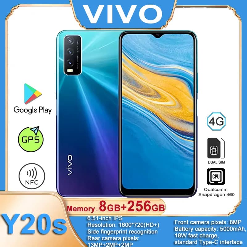 VIVO Y20S 4G dual-sim dual-standby, schermo da 6,51 pollici, tripla fotocamera posteriore 13MP+2MP+2MP, fotocamera frontale 8MP, 8GB+256GB, batteria da 5000mAh, supporto funzione NFC.