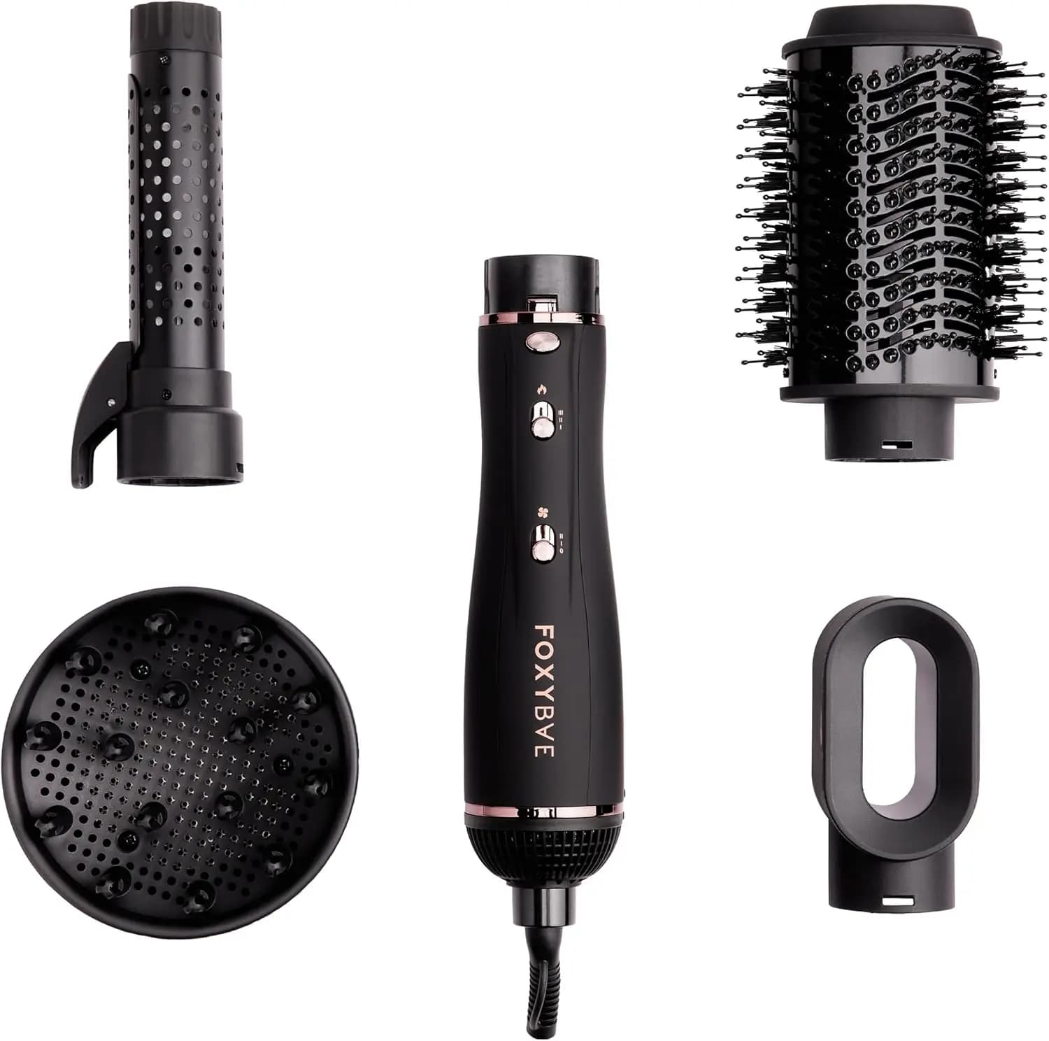 Set Spazzola Asciugacapelli 4-in-1 con Diffusore, Arricciacapelli e Cilindro Asciugante per Capelli Voluminosi e Senza Crespo, in Nero Oro Rosa