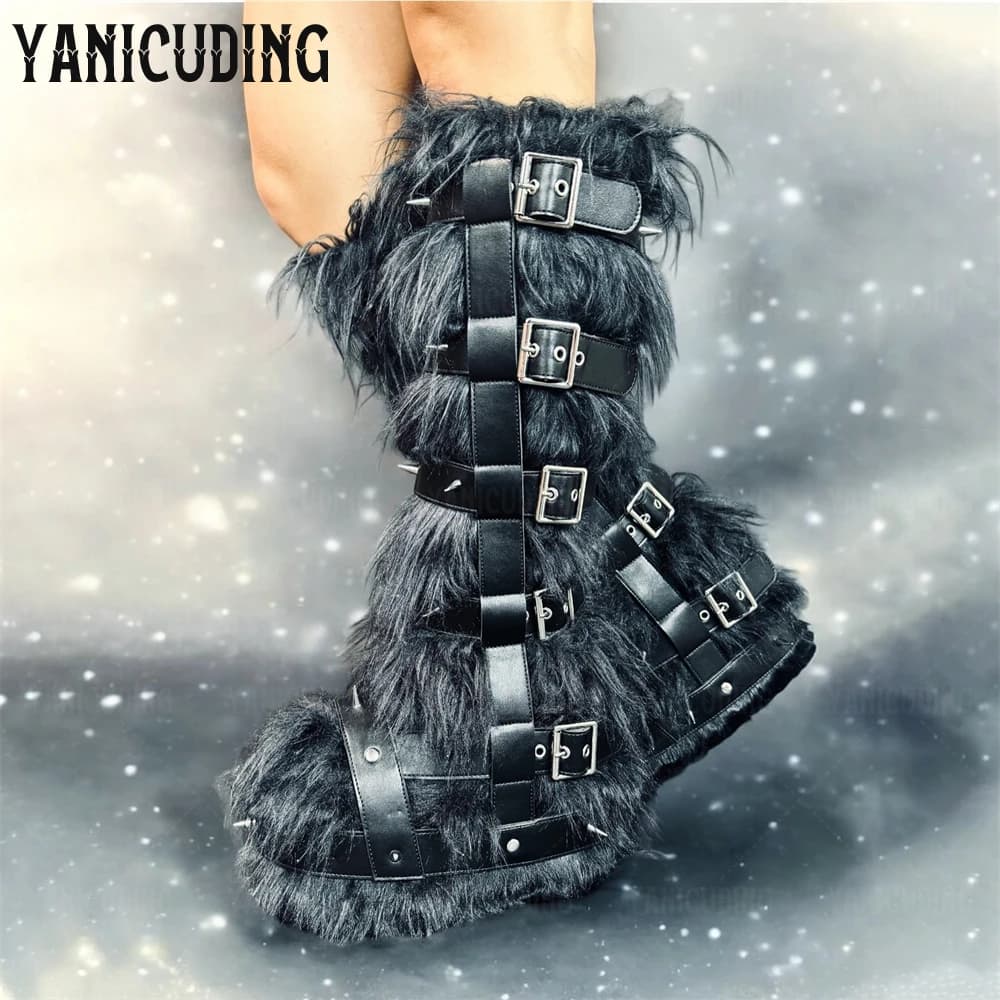 Fuzzy Monster Wedge Boots Belt Buckle Platform Furry Boots Metallic Studded Punk Style Knee-High Boots Faux Fur Warm Winter Boot
