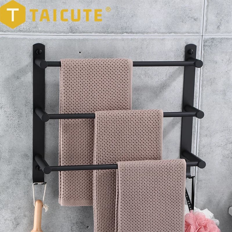 TAICUTE 2 vie installazione portasciugamani 3 barre portasciugamani con gancio accessori per il bagno in acciaio inossidabile mensola a muro, nero