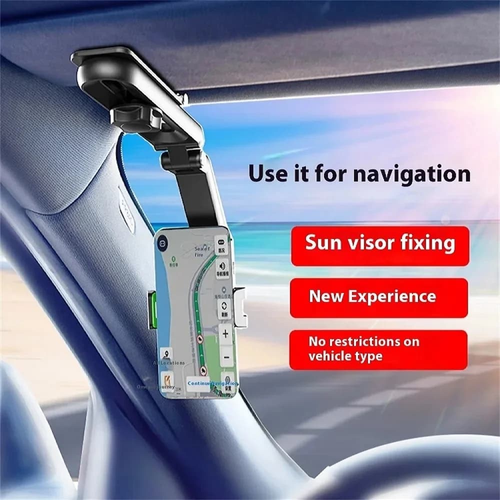 Auto 360 ° Supporto per telefono con visiera parasole multifunzionale girevole, universale, adatto per tutti gli smartphone, accessori per auto