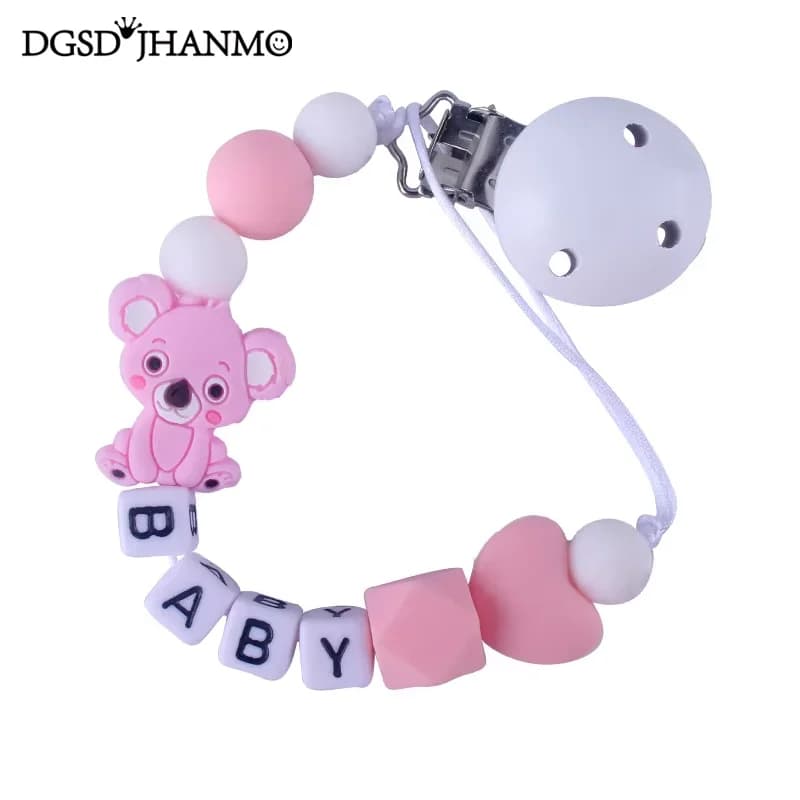 Nome personalizzato gratuito Catene per ciuccio per bambini Anti-goccia in silicone Koala Clip per ciuccio per neonati Supporto per dentizione Giocattolo da masticare per neonato
