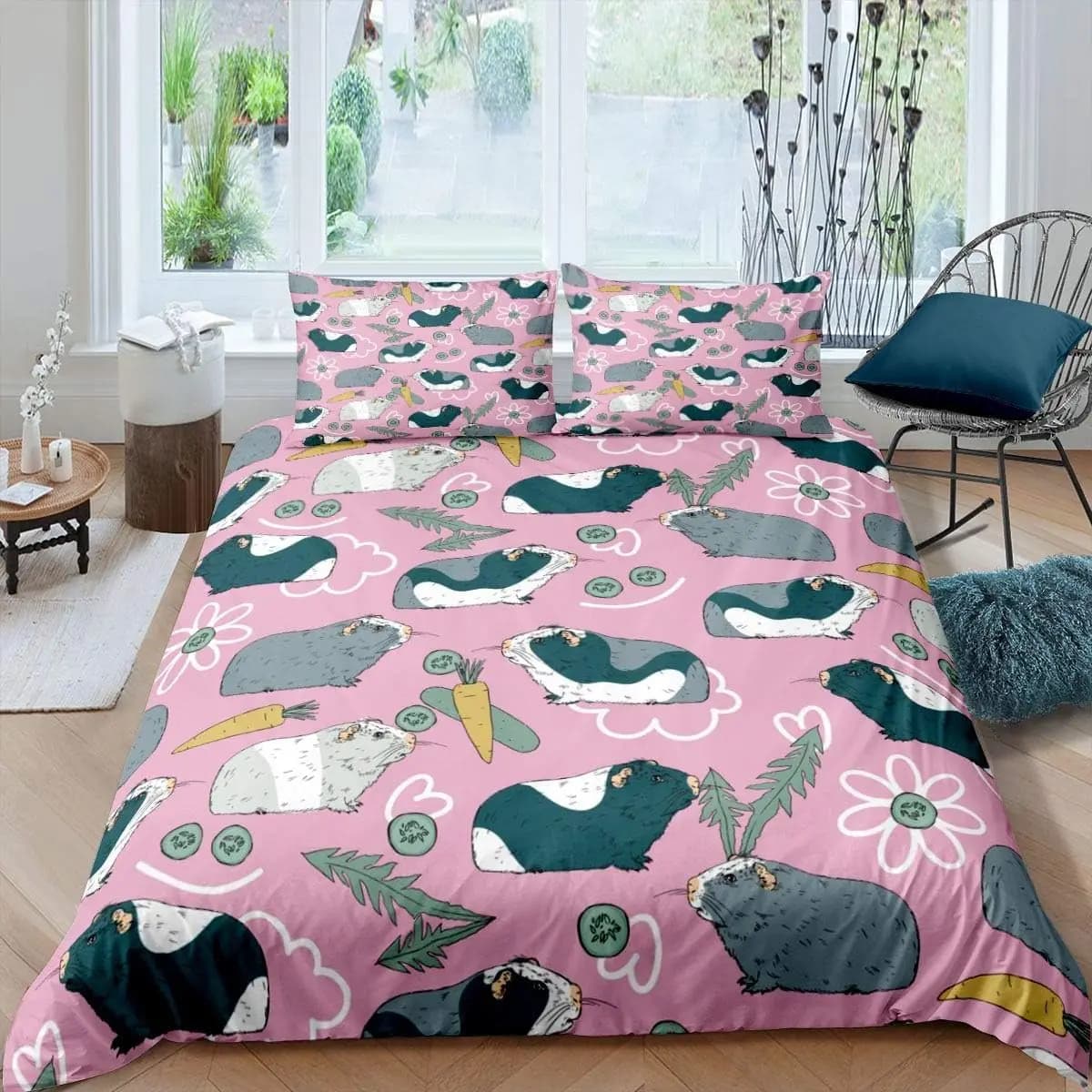 Kids Cute Cavy Duvet Cover Set Double Size 3D Cartoon Guinea Pig Bedding Set With 2 Pillowcases Carrot Floral Cover