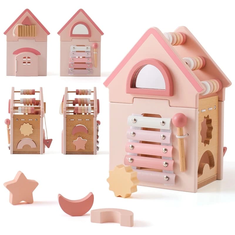 Giocattoli Montessorri per bambini giocattoli multifunzionali in legno cinque in uno cubo di attività blocchi geometrici in Silicone giocattoli educativi