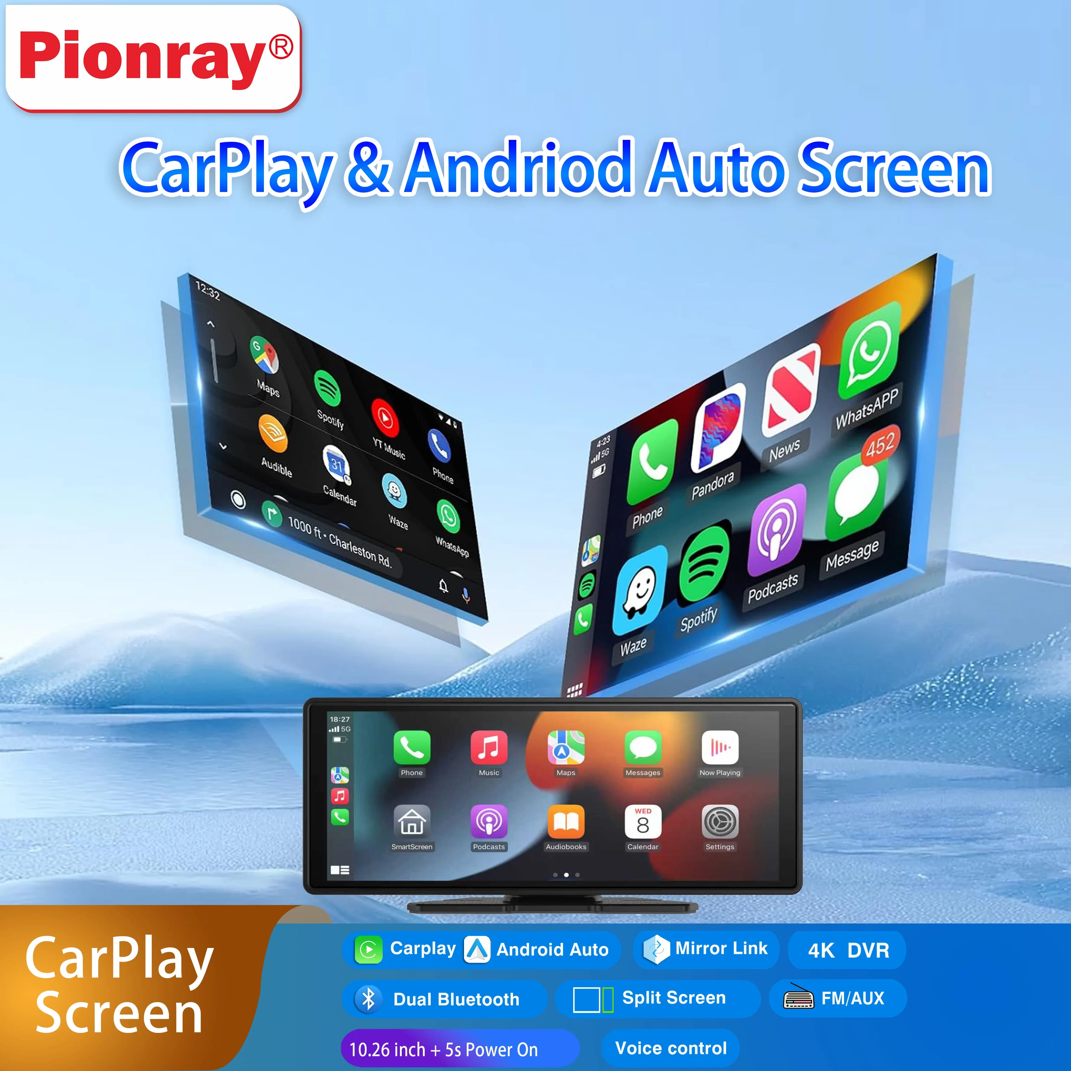 Carplay Wireless Portable Carplay Screen for Carplay 10.26 inch and Android Car Touch Stereo, with Dash Cam, Backup Camera