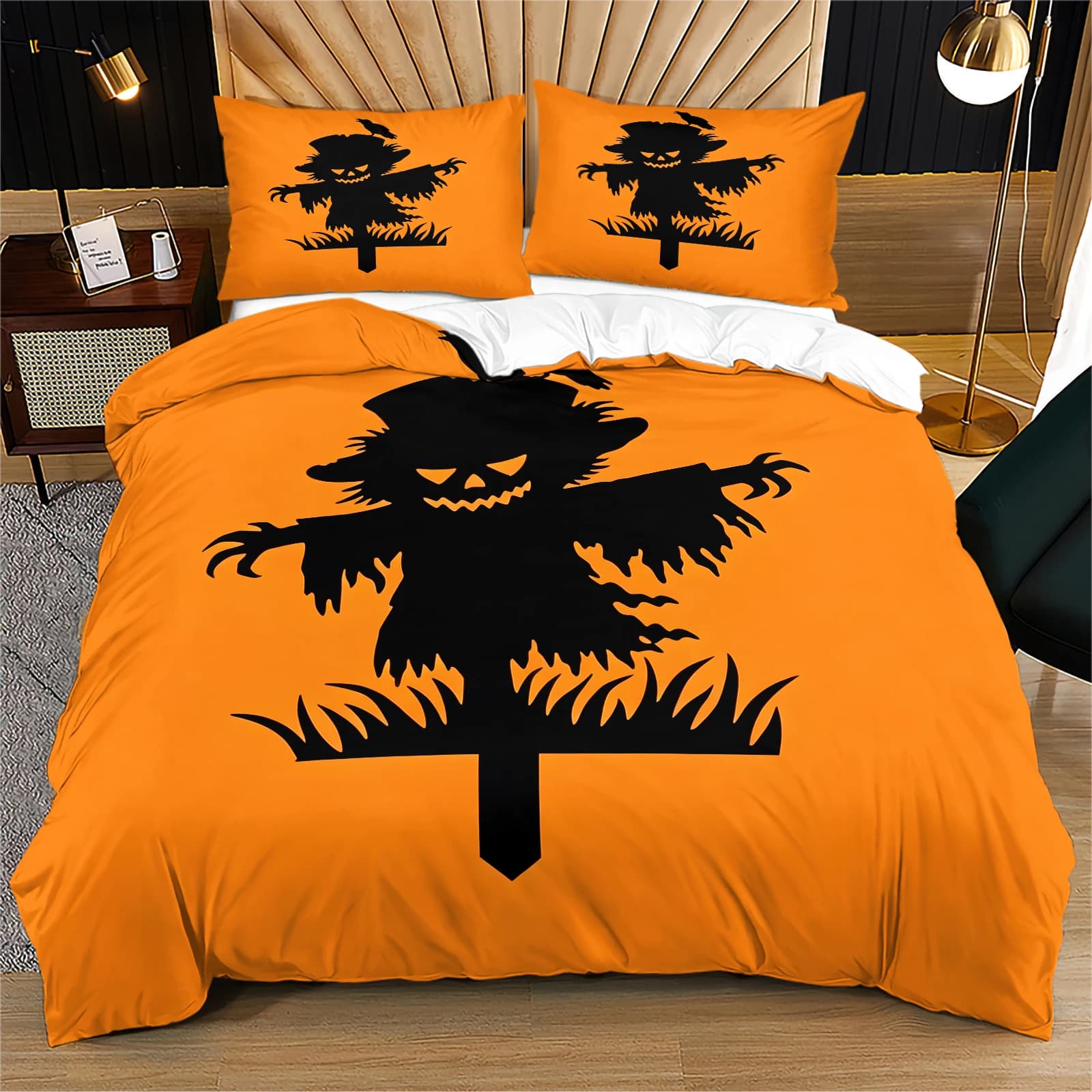 Halloween Scarecrow Duvet Cover Set Orange Black Scarecrow Silhouette Bedding Set Polyester Quilt Cover With Pillowcase Holiday