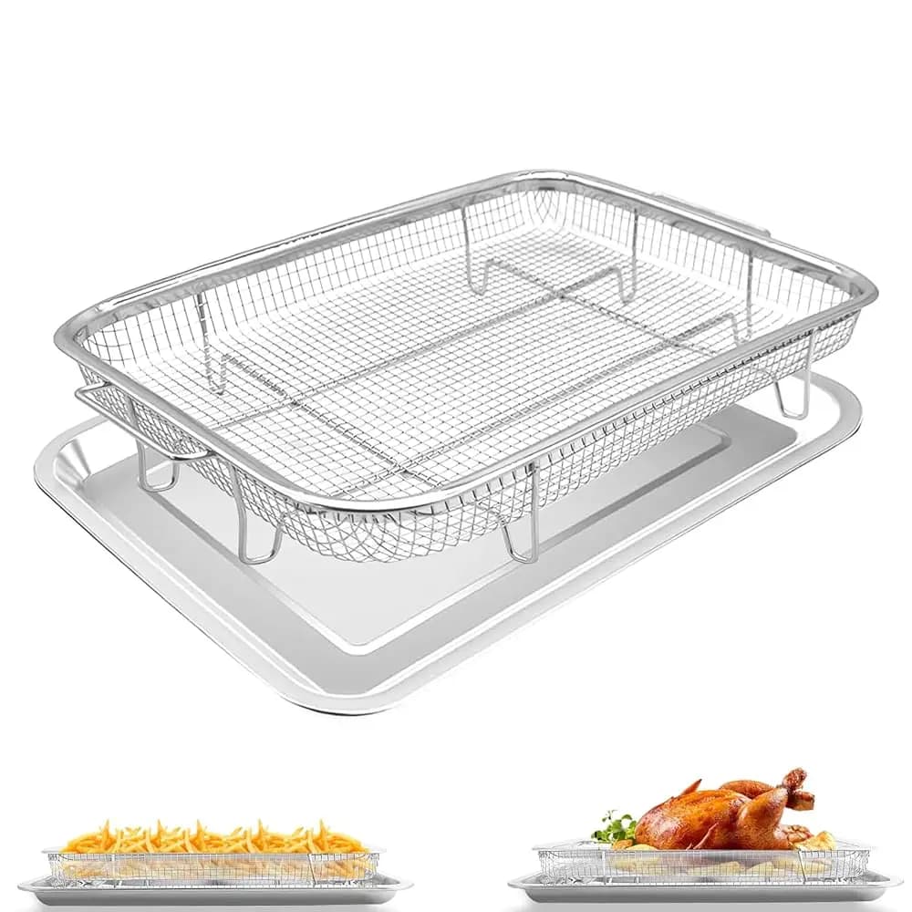 Cestello per Friggitrice ad Aria per Forno, 2 Pezzi 15.5 * 11.6'' in Acciaio Inossidabile Antiaderente, Griglia a Rete e Griglia per Arrostire per Forno a Convezione