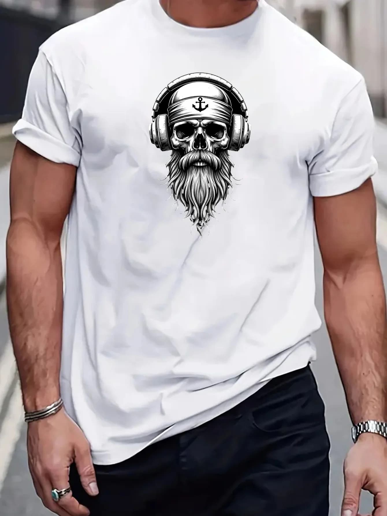 Men's T-shirt with print - Design with skull and headphones, soft and elastic fabric