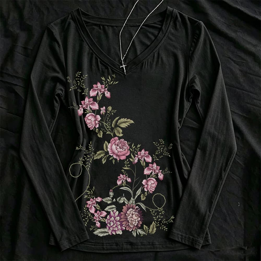 Autumn new basic slim fit V-neck basic shirt top, printed long sleeved women's T-shirt