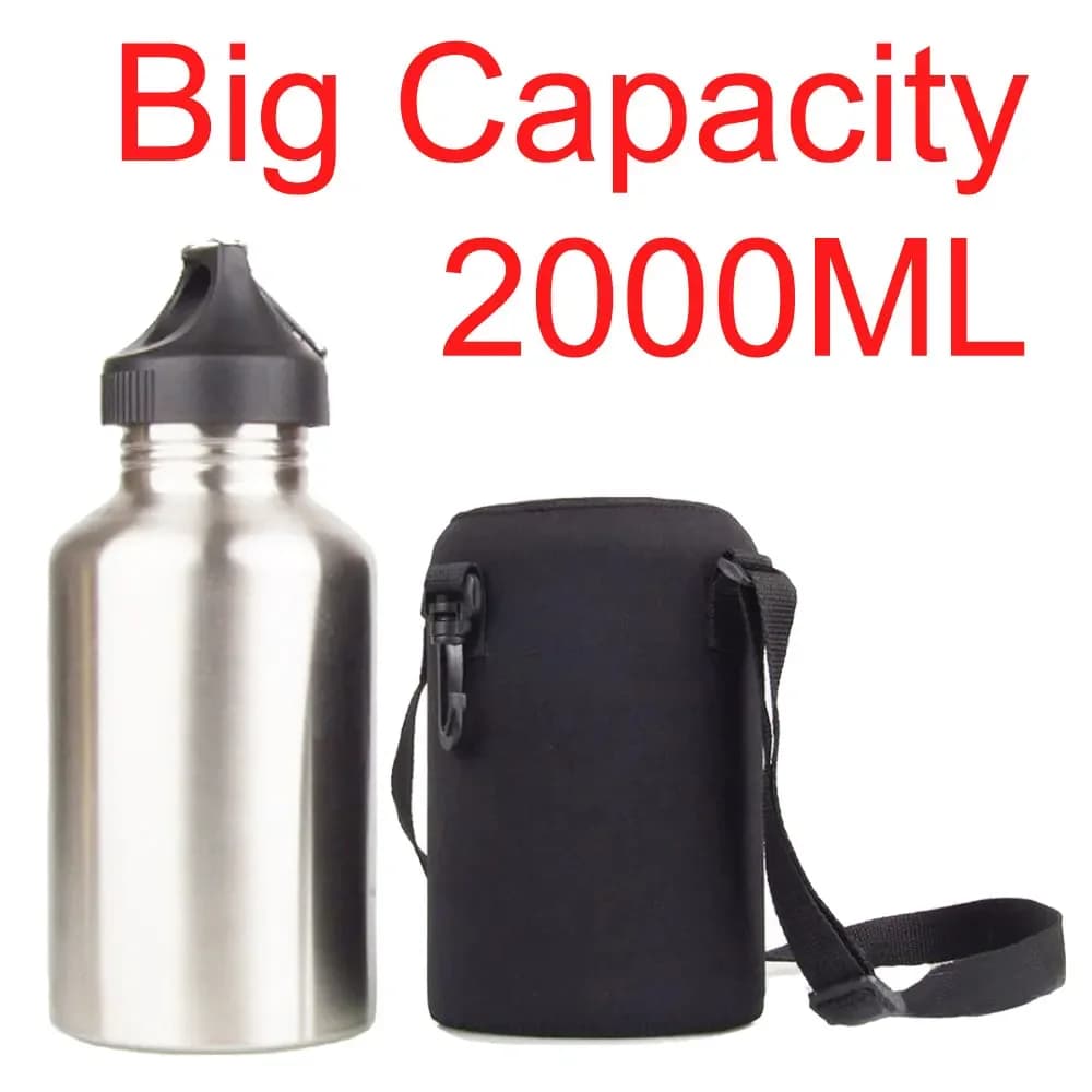 2000ML Sport Water Bottle Set for Camping Hiking Bicycle Cycling Wide Mouth Drink Jug with Neoprene Carrier Insulated Cover Bag