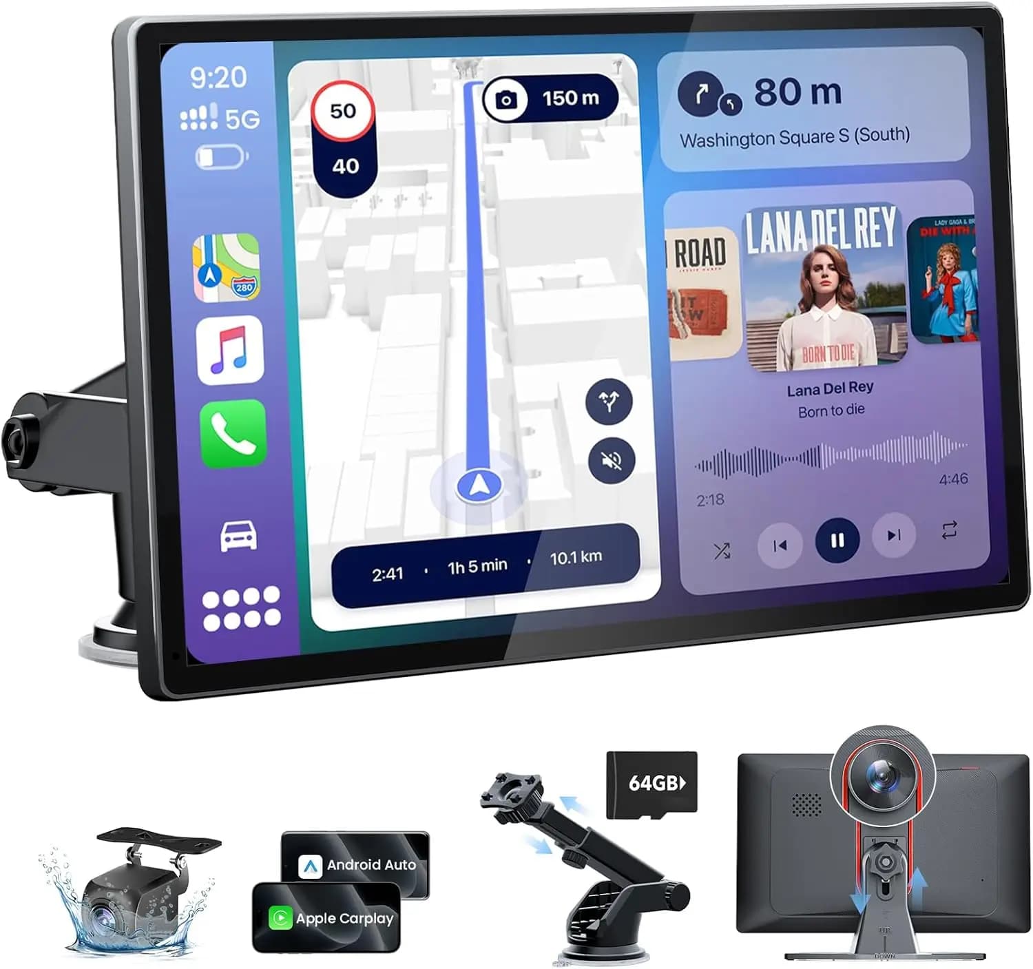 Schermo CarPlay wireless da 9,0' con Dash Cam 4K e telecamera di backup 1080P, stereo per auto touchscreen con CarPlay, Android Auto, GPS, Mir