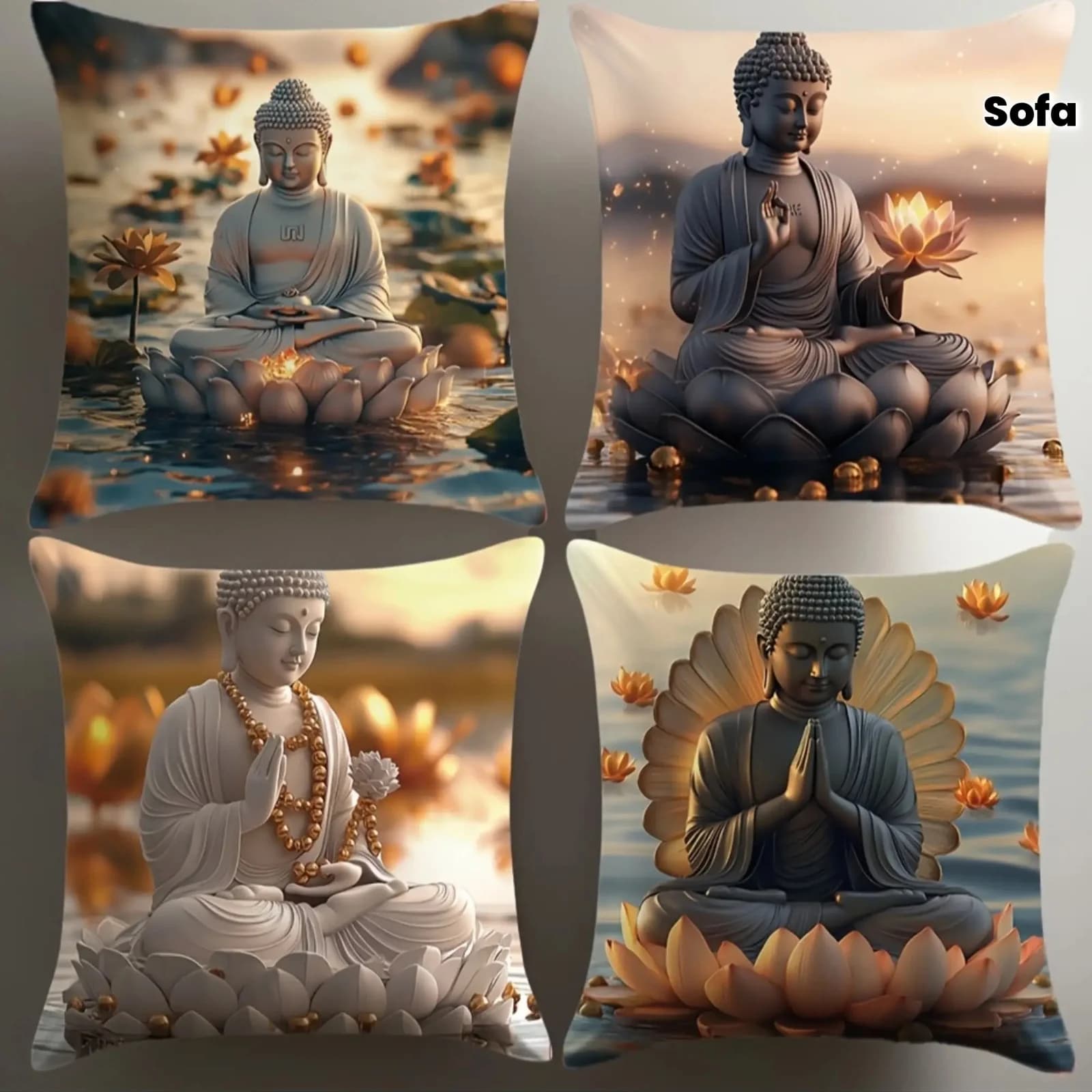Buddha Lotus Pillow Case Set Zen Meditation Throw Covers 40x40cm Indoor Cushion Decoration Spiritual Asian Art 4pcs