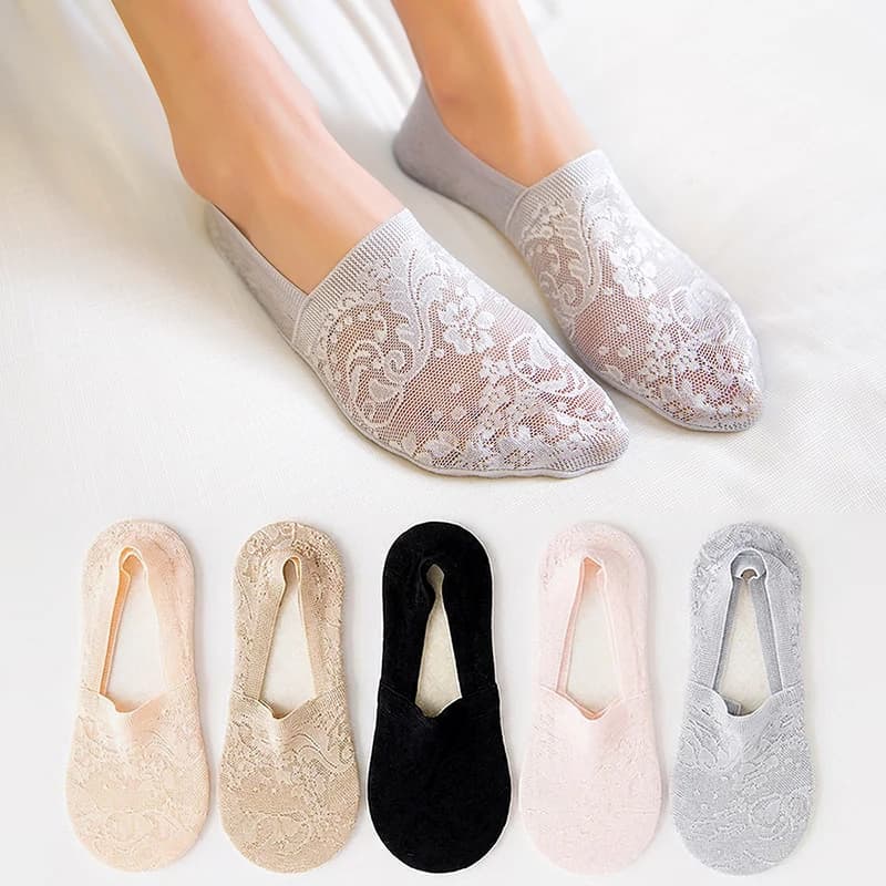 5 paia di calzini estivi classici da donna e ragazza, stile casual, con fiori in pizzo, antiscivolo, sottili, comodi, invisibili