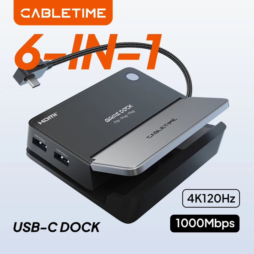 CABLETIME 6 IN 1 USB C Dock 4K@120Hz Resolution RJ45 1000Mbps PD100W 5Gbps USB C Port for Switch 2 Stream Deck
