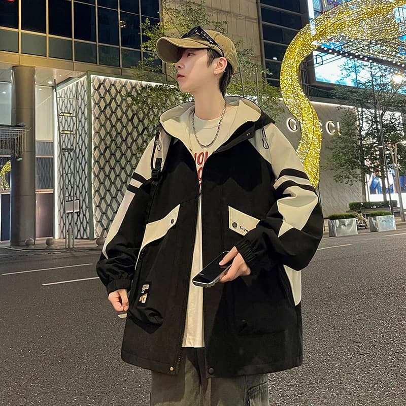 Autumn New Men's Jacket Casual Loose Long Sleeve Hooded Top Trendy Youth Polyester Nylon Composite Fiber Windproof Zipper Clo...